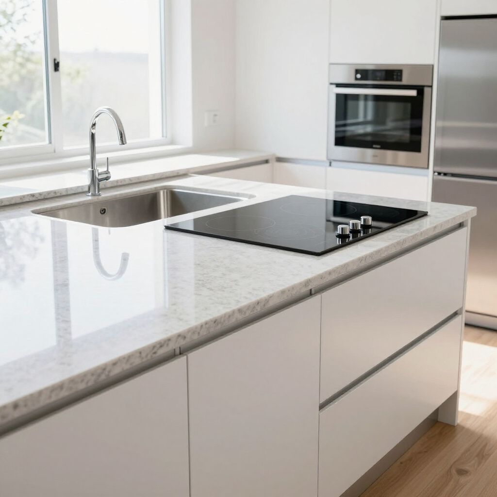 Modern white kitchen with countertop, sink, stovetop, oven, and refrigerator.