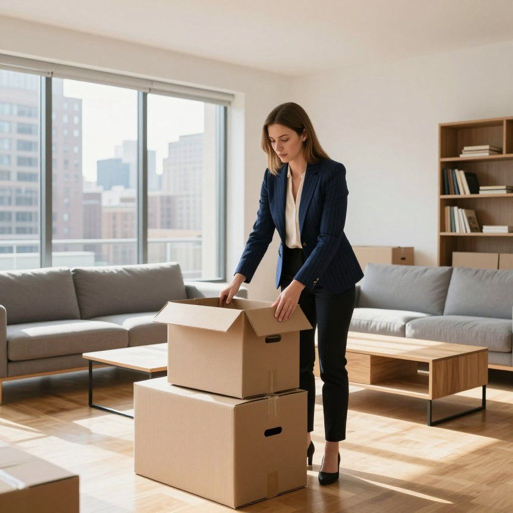 Woman in blazer packing cardboard boxes in a living room with city view.
