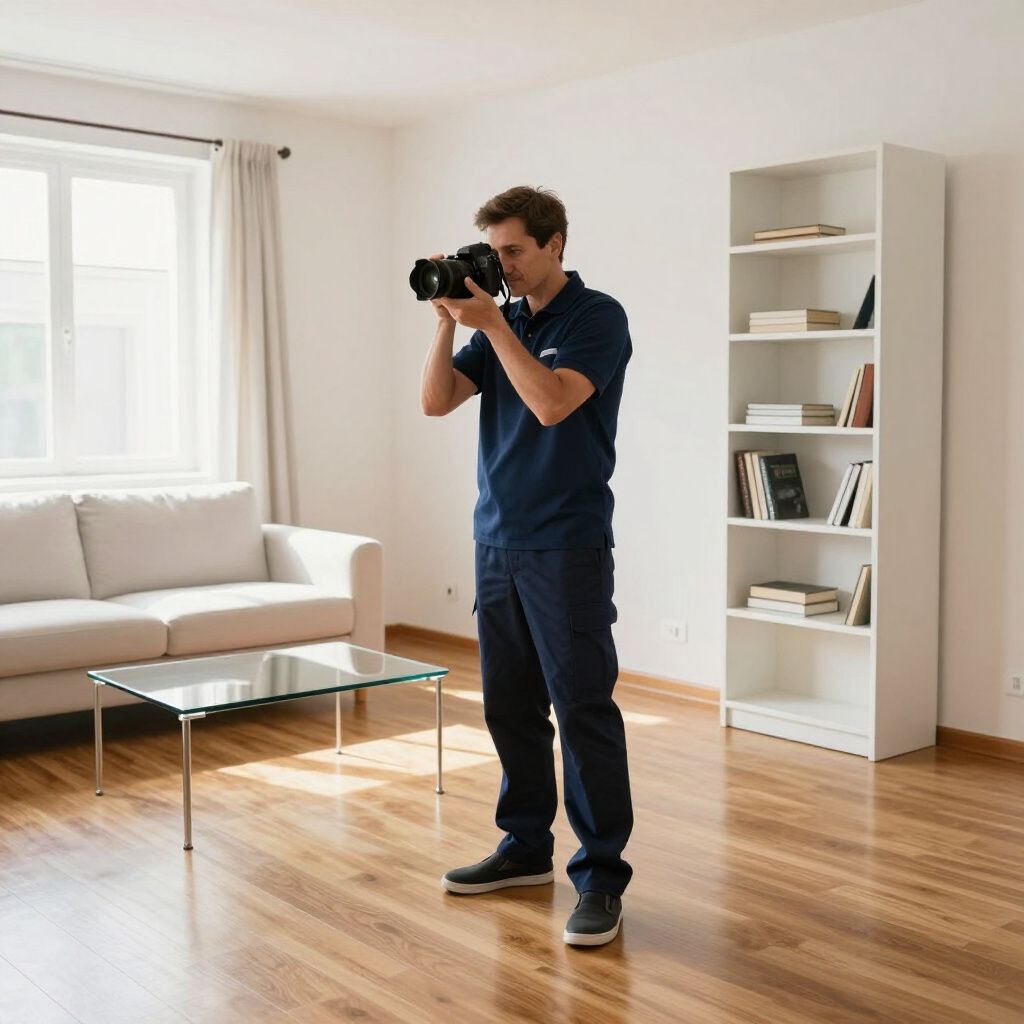 Photographer in dark blue outfit taking photos in a well-lit living room with white furniture and hardwood floors.