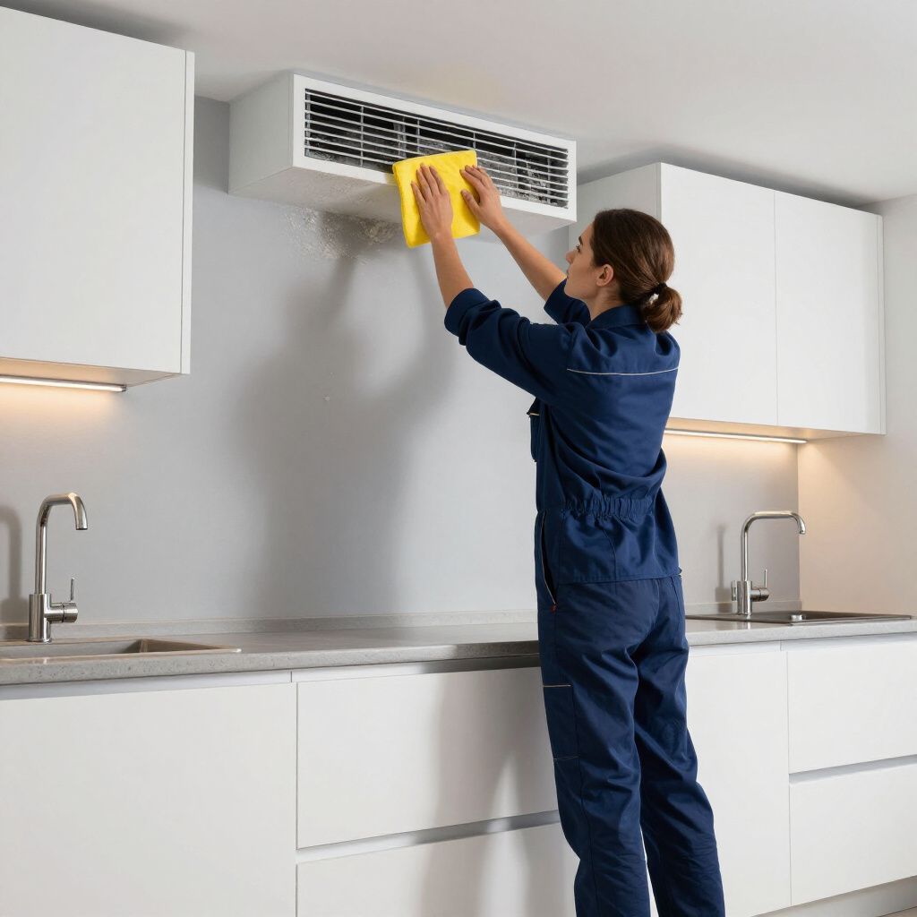 Person in blue jumpsuit cleaning air vent in a modern white kitchen with a yellow cloth.