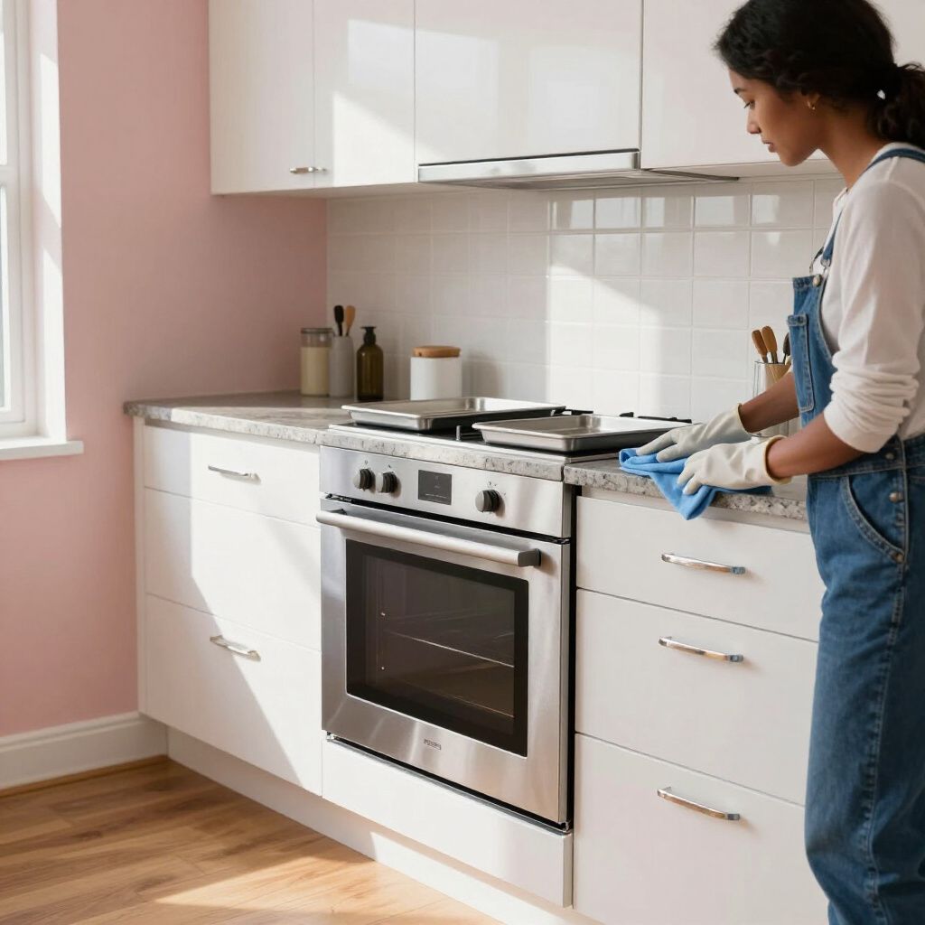 Woman cleaning kitchen countertop; white cabinets, stainless steel oven, pink wall.