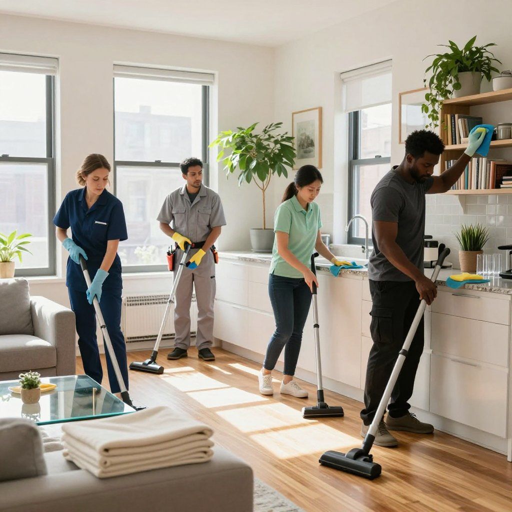 Four people cleaning a bright, modern living space with vacuums and cleaning supplies.