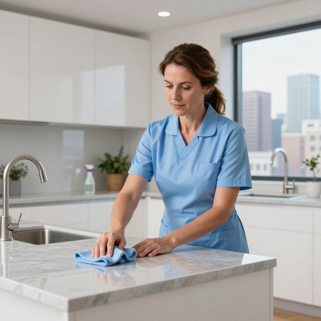 Woman in blue uniform cleaning a kitchen countertop with a blue cloth.