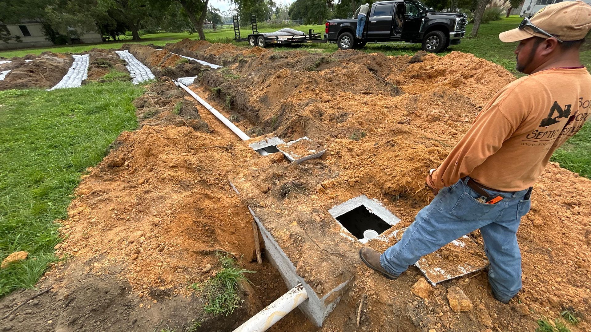 Worker standing beside a muddy trench with white PVC pipes at a construction site