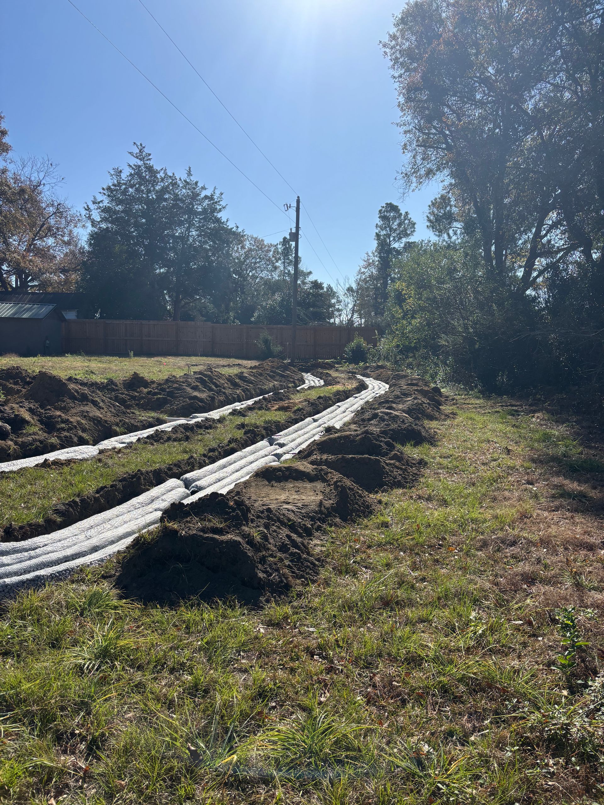 Sunlit backyard garden beds with black plastic edging and fresh soil under a blue sky