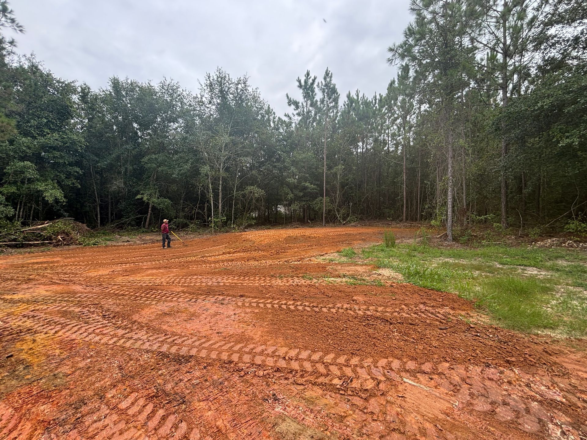 Dirt clearing with tire tracks beside a tree line, with one person standing near the left edge.