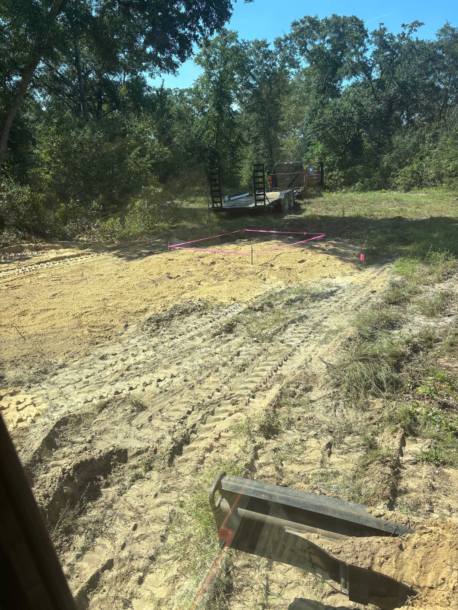 Dirt path in a wooded area with a small utility vehicle and scattered pink flowers in sunlight