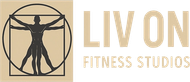 Liv On Fitness Studios logo with a silhouetted figure in a circle and tan text on a white background