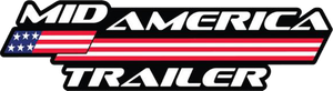 Logo for Mid America Trailer with white text, black outlines, and a red and white striped banner with blue star field.