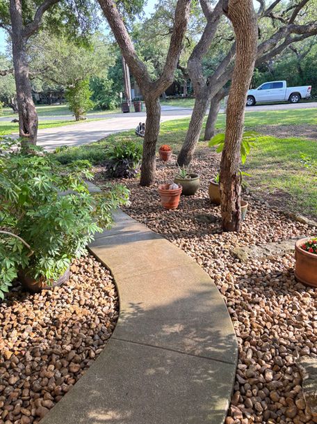 Curved concrete garden path lined with rocks and potted plants, leading toward a tree-shaded street.