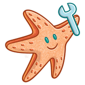 A cartoon starfish is holding a wrench in its mouth.