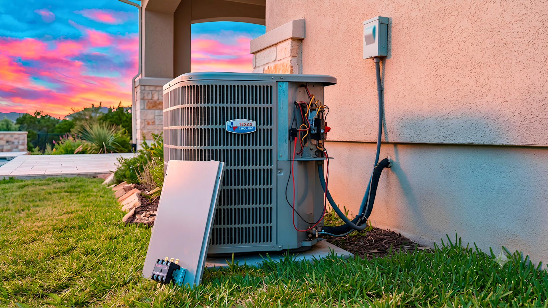 Two white outdoor air conditioning units beside a building on a gravel bed