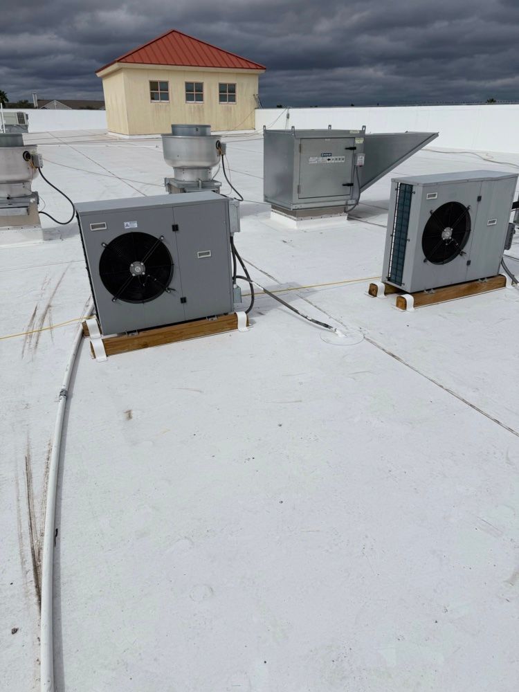 Outdoor air conditioner unit beside a stone house wall, partially hidden by a shrub.