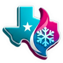 Texas-shaped icon in teal and pink with a white star and blue snowflake flame symbol