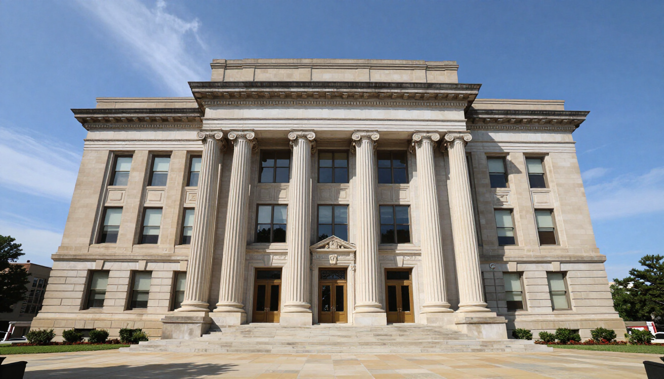 Grand neoclassical stone courthouse with tall columns and steps under a clear blue sky