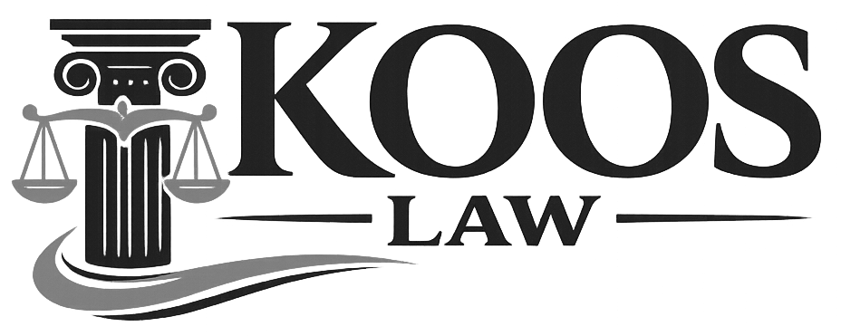 KOOS LAW logo with black text, courthouse column, scales of justice, and gray swoosh underline