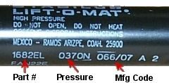 Close-up of a black equipment label with white text and red arrows pointing to part, pressure, and manufacturing code fields for Stabilus Gas Spring