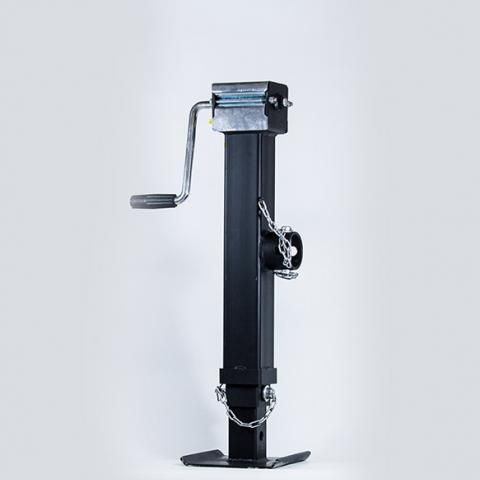 Black manual jack stand with crank handle on a white background