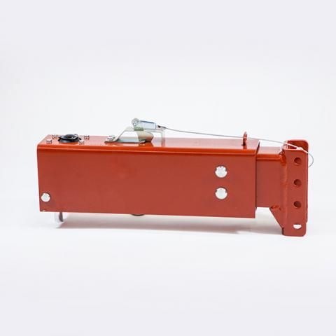 Red metal mechanical latch or bracket with springs, shown in side view on a white background