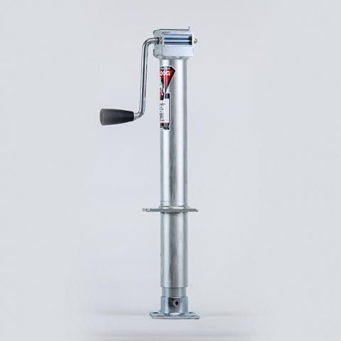 Silver hand-crank trailer jack with black handle, shown upright on a white background