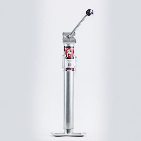 Silver metal bottle jack with a long handle and red label, standing upright on a white background