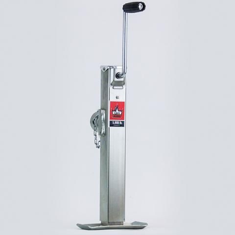 Stainless steel manual pallet jack with black handle on a white background