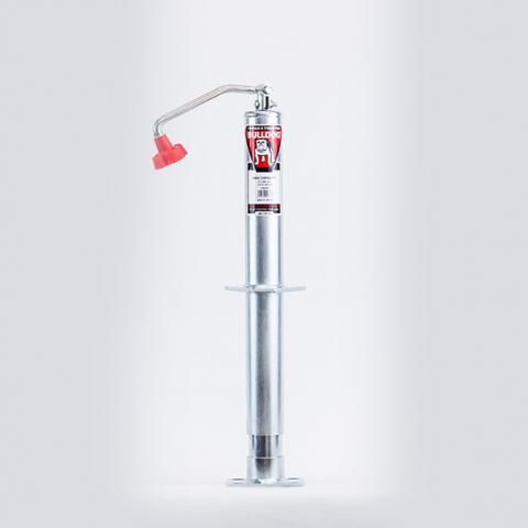 Red fire extinguisher mounted on a silver stand against a white background