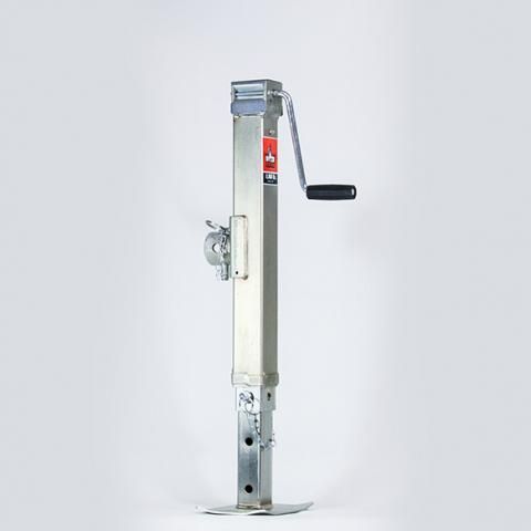 Silver trailer jack with black hand crank and red label on a white background