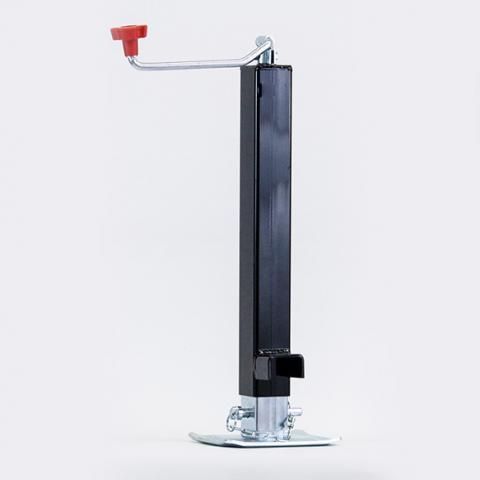 Manual vertical drill press with black column, silver base, and red handle on a white background