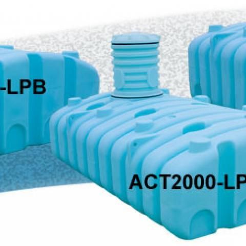 Blue plastic water tanks with black labels, shown in a row against a light background