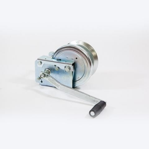 Metal hand-crank winch with a black handle on a white background