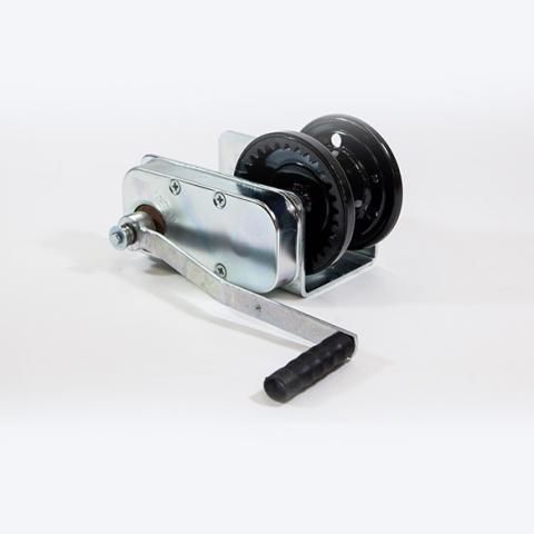 Hand-crank fishing reel with black spool and metal body on a white background