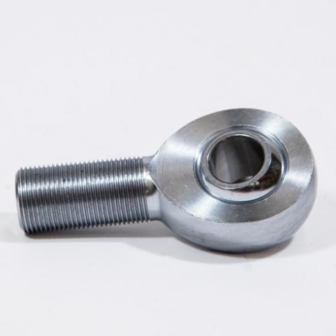 Metal rod end bearing with threaded shaft on a white background