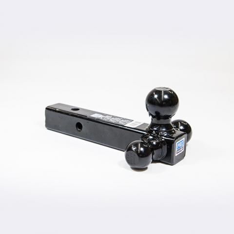 Black trailer hitch with chrome tow ball on a white background