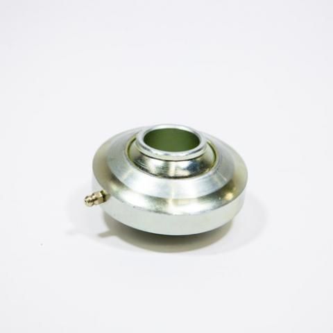 Silver metal industrial part with a central opening and small side valve on a white background