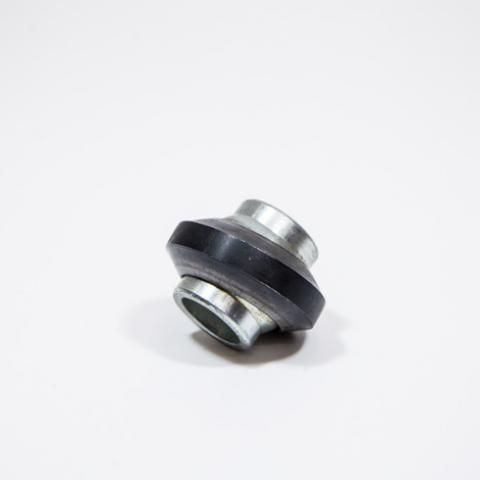 Small black and silver metal connector fitting on a white background