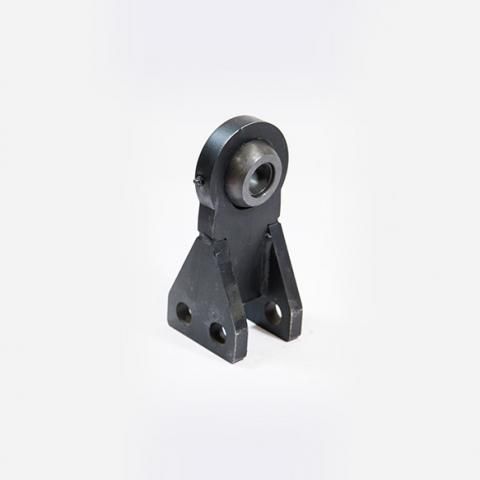 Black metal mounting bracket with a silver circular bearing on a white background