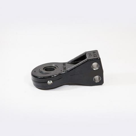 Black metal mechanical lever or bracket with circular pivot hole on a white background