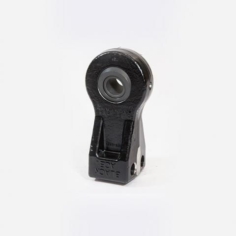 Black metal rod end bearing with a circular eye on a white background