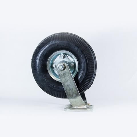 Black rubber caster wheel with metal bracket on a white background