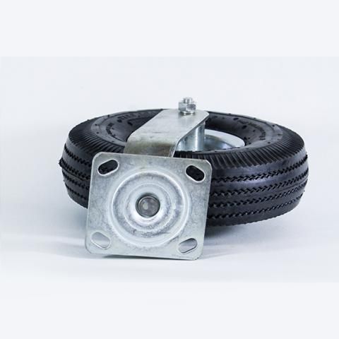 Small black wheel assembly with a silver mounting bracket on a white background