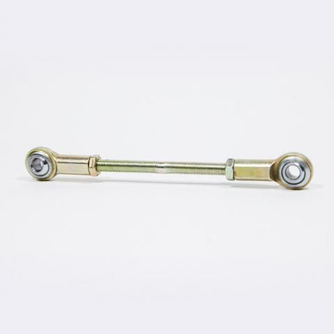 Metal connecting rod with circular bearings at both ends on a white background