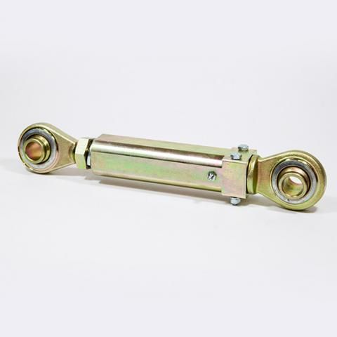 Metal turnbuckle with gold-colored ends on a white background