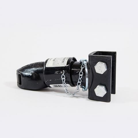 Black metal pipe plug with chain and hex bolts on a white background