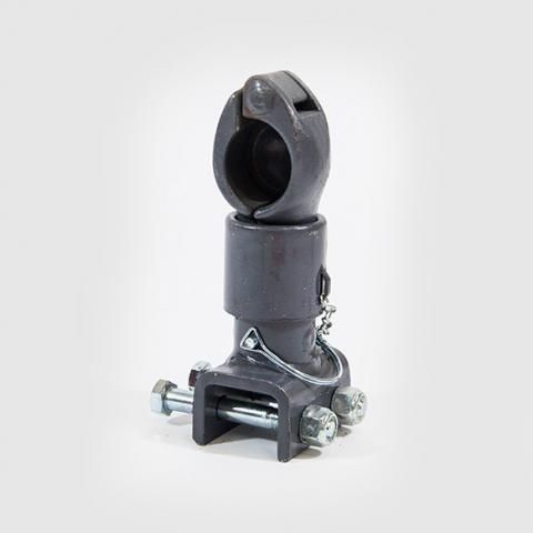 Black metal clamp mount with a circular ring and bolt fasteners on a white background