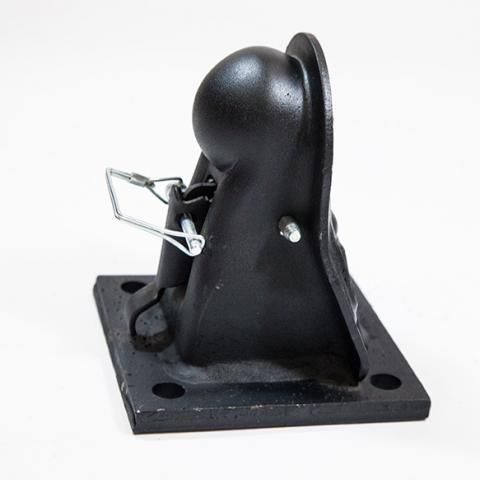 Black metal trailer hitch coupler on a square mounting plate, shown against a white background