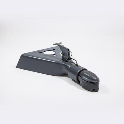 Black metal trailer hitch coupler with wiring on a white background
