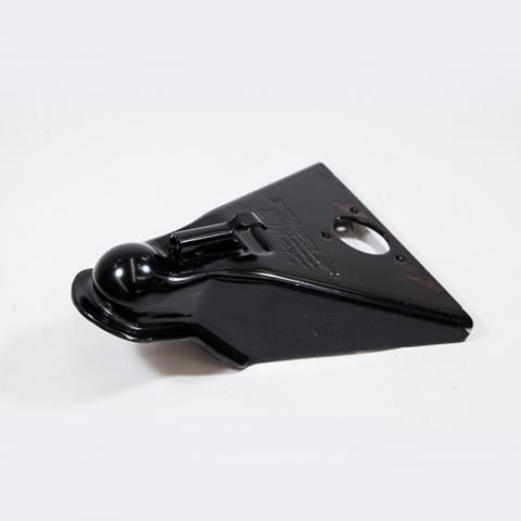 Black metal trailer hitch coupler with latch, shown on a white background