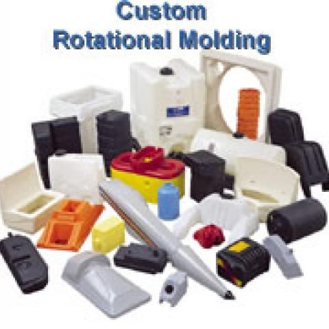Assorted custom rotational molded plastic parts and containers with “Custom Rotational Molding” text above