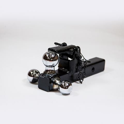 Black metal clamp with four chrome ball joints on a white background